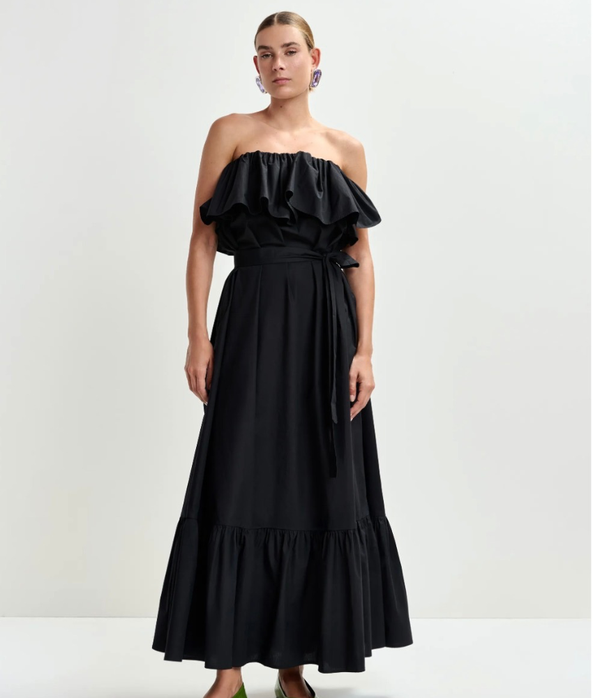 Joyce Belted Ruffle Dress Black